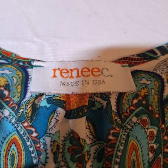Renee C Green White Paisley Abstract Artsy Satin Short Sleeve Tunic V Neck Sz M - Picture 3 of 9